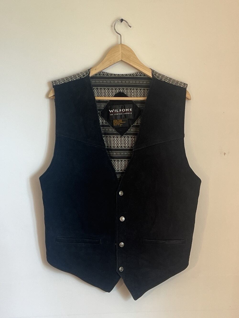 Vintage Wilsons Leather Suede Vest Mens L Black Coastal Festival Pocket